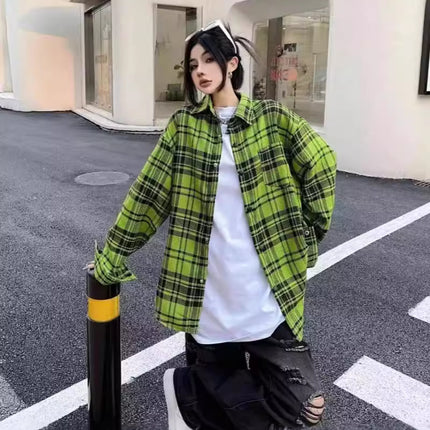Retro Long Sleeve Plaid Shirt Women's Shirt Design Sense Niche Spirit Young Guy Chic Beautiful Green Jacket Trendy