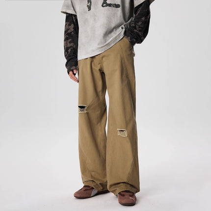 Jiamu American Retro Washed Vintage Trendy Loose Straight Slim Casual Ripped Wide-Leg Unisex Long Pants for Men and Women