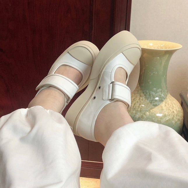 Sheepskin Version ~ Genuine Leather Velcro Thick-Soled Platform Shoes, Ugly and Cute White Shoes, Women's Mary Jane Casual Large-Toe Shoes