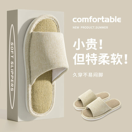 Linen Slippers for Women, Summer Breathable, Sweat-Absorbent, Non-Slip, Silent, Indoor Home Floor Cotton and Linen Slippers, Universal for All Seasons
