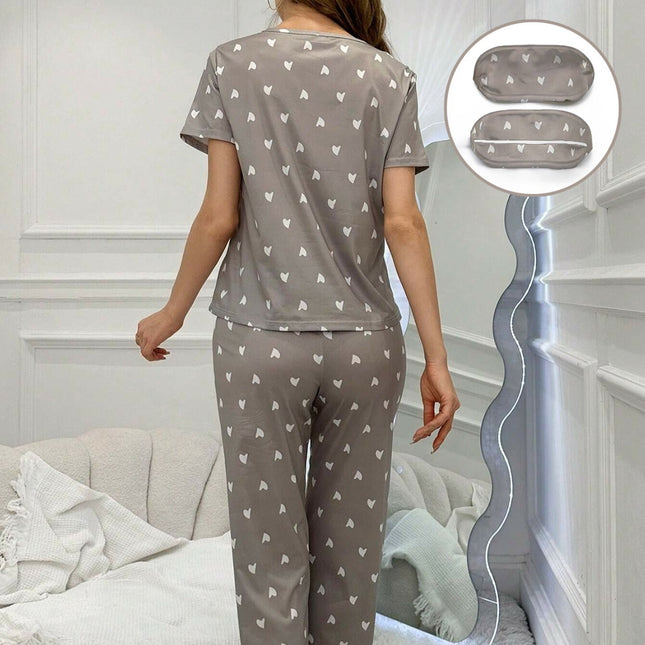 Cross-Border Women's New Foreign Trade Casual Home Wear Heart Short-Sleeved Trousers Two-Piece Set Comfortable Eye Mask Pajamas Set