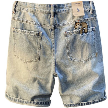Summer Casual Shorts Men's plus size Light Color Five-point Jeans Trendy Embroidered High-end Men's Straight Pants