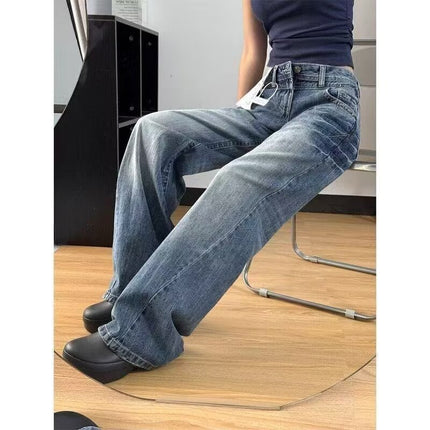American Retro Creased Faded White Jeans for Women, Summer Low-Waist Slimming Loose Straight Wide-Leg Floor-Length Sycamore Pants