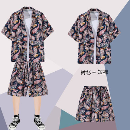 Summer thin short-sleeved floral shirt men's Hong Kong style retro Ruan Shuai Hawaiian seaside couple short-sleeved shorts two-piece set