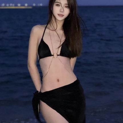 Black Chain Swimsuit Women's Bikini Three-Piece Split Beautiful Back Swimsuit Hot Spring Beach Vacation Halter Sexy