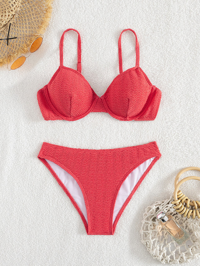New Foreign Trade Bikini Sexy Swimsuit Women's Red Underwire Push-Up High Waist Bikini Cross-Border European and American Swimwear