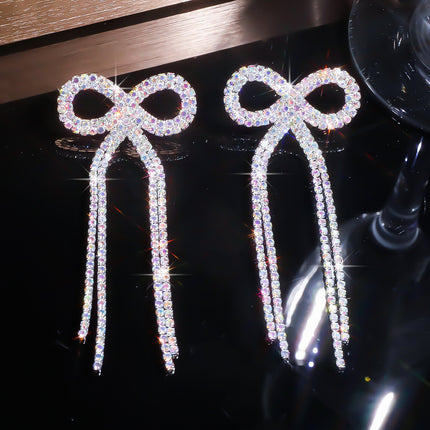 Shein Explosive Bow Long Tassel Earrings Women's Personality Super Flash Rhinestone Bride Wedding All-match Ear Jewelry
