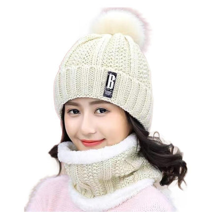 Winter Knitted Women's Hat Fur Ball Fleece-Lined Ear Protection Warm Two-Piece Hat Scarf Letter Mark Knitted Woolen Hat