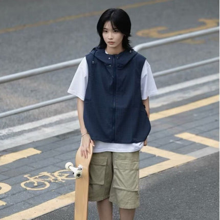Japanese Style Retro Waffles Hooded Vest Men's and Women's Loose Overalls Sleeveless Stacked Jacket Fashionable navy blue