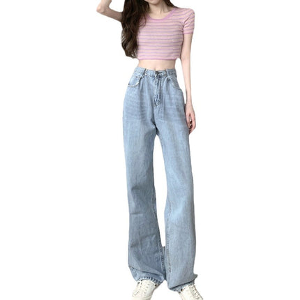 2024 summer light-colored high waist jeans women's slimming high-leg straight pants elegant style draping mop pants