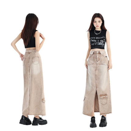 Hong Kong Style Vintage High Waist Slim Long Work Skirt Fashion Design Pear Figure Fashionable Denim Skirt for Women
