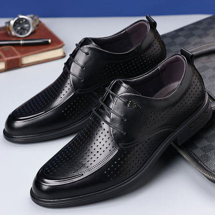 Leather Shoes Men's Dress Business Casual Leather Soft Sole Summer Hollow Breathable Thick Black Wedding Groom Shoes Men's Shoes