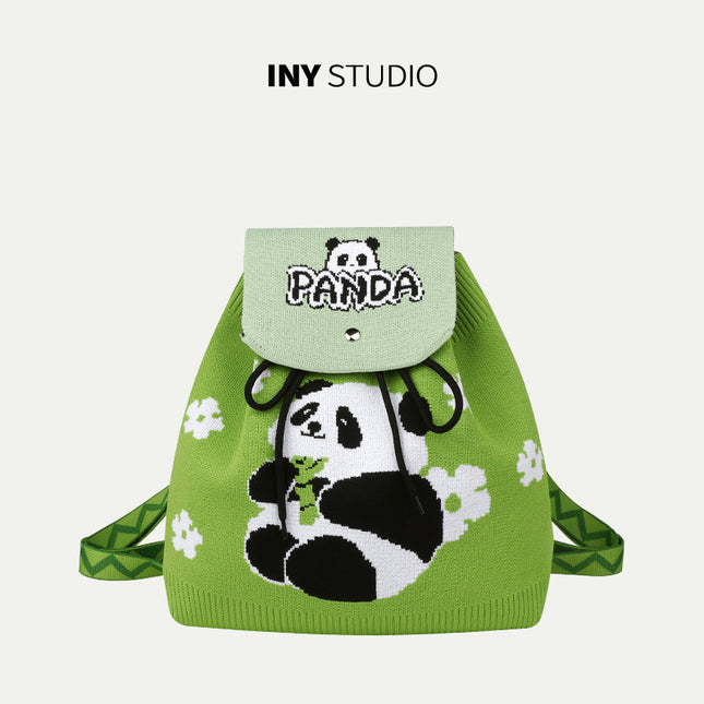 Grandpa Panda Cartoon Knitted Bag Women's Handbag Spring and Summer Popular Large Capacity Shoulder Drawstring Bag Versatile Backpack