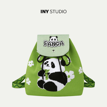 Grandpa Panda Cartoon Knitted Bag Women's Handbag Spring and Summer Popular Large Capacity Shoulder Drawstring Bag Versatile Backpack