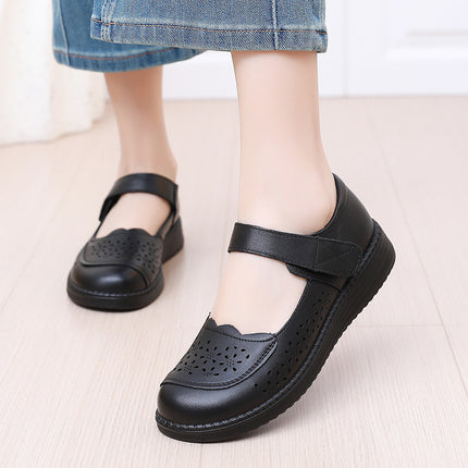 Genuine Leather Round Head Widened Women's Shoes Summer Flat Heeled Soft Bottom Mother Shoes Breathable Comfortable Hollow Hole Shoes Factory Outlet