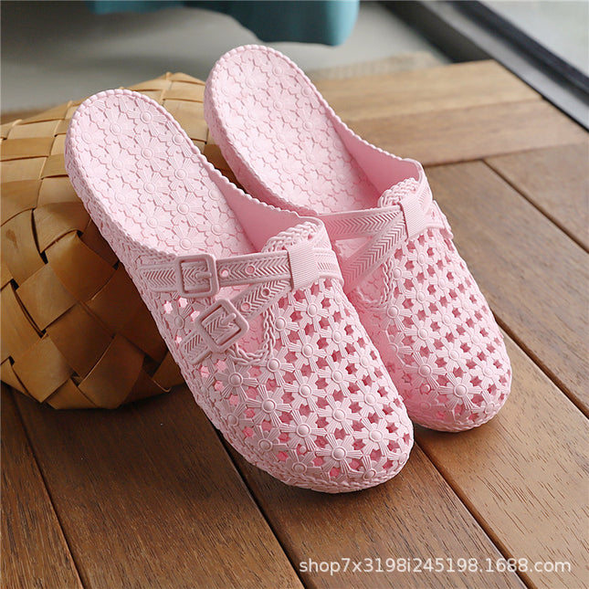 Non-slip Slippers Summer Flat Bottom Baotou Hole Bathroom Middle-aged and Elderly Anti-fall Hollow Soft Bottom Beach Fashion Home