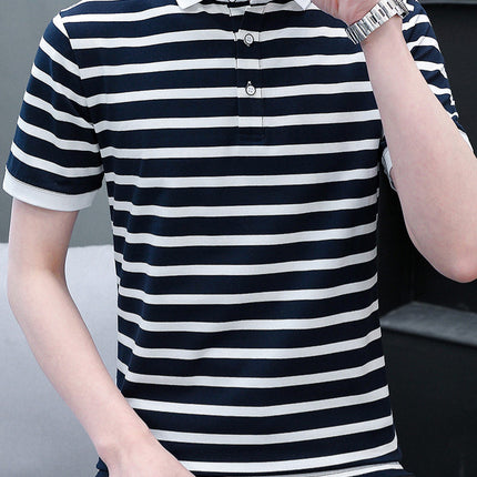 Free Shipping Amazon Cross-Border Summer Men's Striped Short-Sleeve Polo Shirt Large Size Casual Trendy Brand T-Shirt