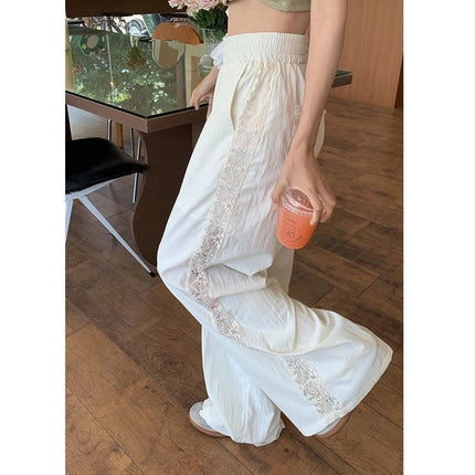 2025 new lace wide leg pants lace stitching cream pants hollow lace stitching wide leg pants summer trousers