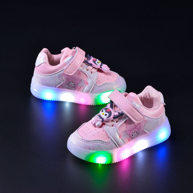 Spring and Autumn New Baby Girl Sports Board Shoes Leather Cartoon LED Luminous Casual Soft-soled Toddler Shoes