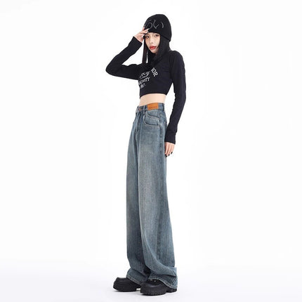 Vintage Blue High-Waisted Slimming Wide-Leg Jeans for Women 2025 Trendy Versatile Korean Style Loose Slimming Straight Long Pants