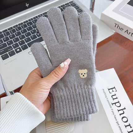Warm Gloves for Women in Autumn and Winter to Prevent Cold and Keep Students Warm, Cute Bear Wool Knitted Touch Screen Fingers