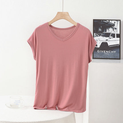 Cross-border New plus size Plus Fat V-neck Small Sleeve Summer Modal Elastic Base Shirt Loose Casual Simple T-shirt