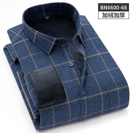 24 Winter Pure Cotton Brushed Plaid Warm Shirt Fleece-Lined Thickeneded Winter Shirt Light Business Square Collar Long-Sleeved Shirt