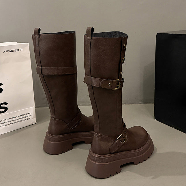 Melard Thick-Soled Soft Leather Long Boots for Women 2025 New Style Chunky Heel Height-Increasing Slimming Fashion Boots for Petite Women