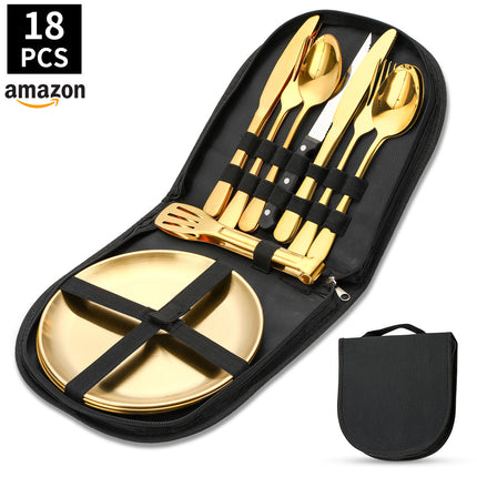 Amazon Outdoor Stainless Steel Tableware Steak Knife and Fork Spoon Barbecue Clip Plate 10-piece Travel Camping Set