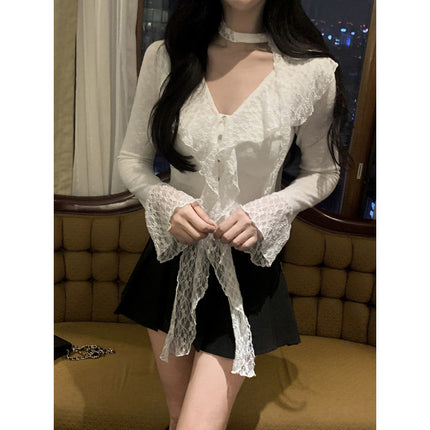 South Korea Dongdaemun New Product Touching Sexy Feminine Ruffled Ribbon Slim Lace Shirt sn