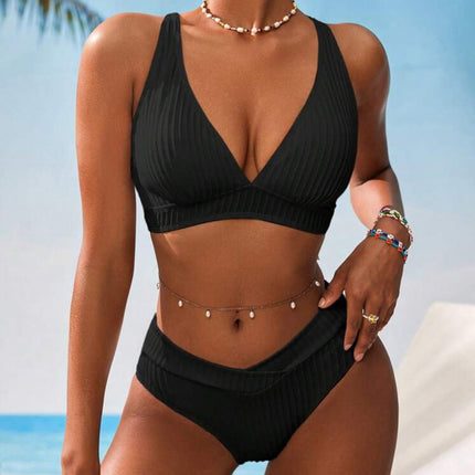 2025 New European and American Cross-Border Bikini Pure Color Deep V Threaded Pit Strip Sexy Bikini Split Swimsuit for Women