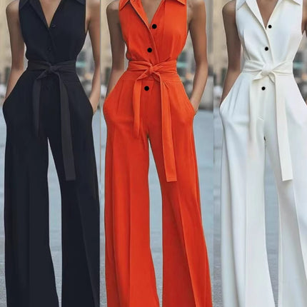 Cross-Border Aliexpress Amazon European and American Women's Clothing Summer Lapel Sleeveless Solid Color Single-Breasted Office Commuting Jumpsuit