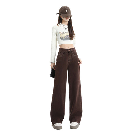 Brown High-Waisted Wide-Leg Jeans for Women, Autumn New Loose Slimming Design with Drapey Straight-Leg Floor-Length Pants