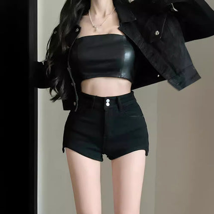 Black Denim Shorts Women's Summer Small Hot Girl High Waist Slimming Straight Pants Tight Stretch Casual Hot Pants