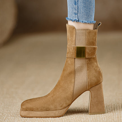 2025 New Women's Shoes~ New Short Boots, High-Heeled Boots, Chunky Heel, Waterproof Platform, Buckle Strap, Black
