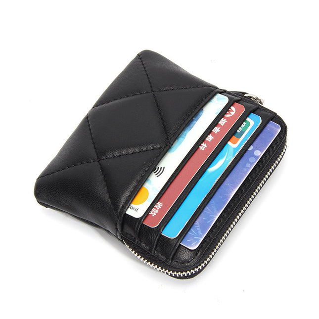 Genuine Leather Card Holder new sheepskin rhombus small mini women's solid color coin bag earphone storage zipper coin purse