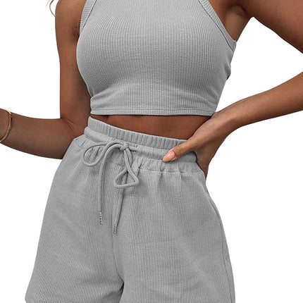 2026 Cross-Border Summer New Style Sleeveless Waffle Set Solid Color Vest Top Tie-Up Shorts Casual Two-Piece Set