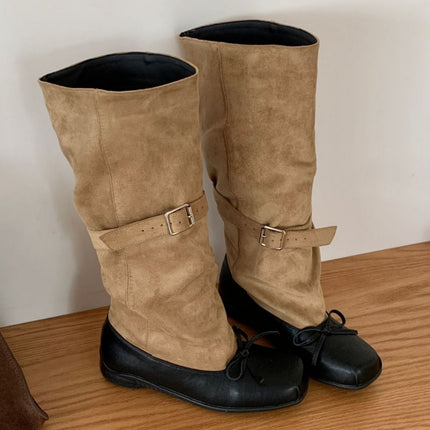 Sheepskin Version ~2025 New Personalized Ballet Style Genuine Leather Boots for Women with Bow Belt Buckle Pleated Work Boots