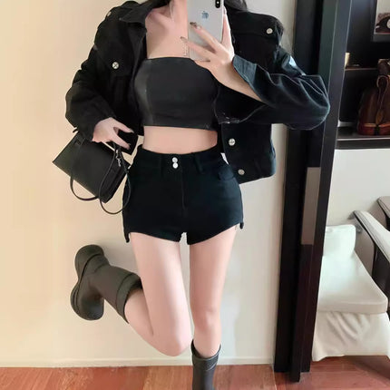 Black Denim Shorts Women's Summer Small Hot Girl High Waist Slimming Straight Pants Tight Stretch Casual Hot Pants