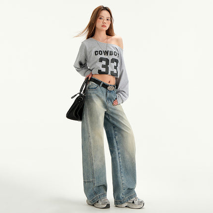 2025 New American Retro Style Women's Distressed Patchwork Design Floor-Length Jeans with Extended Length