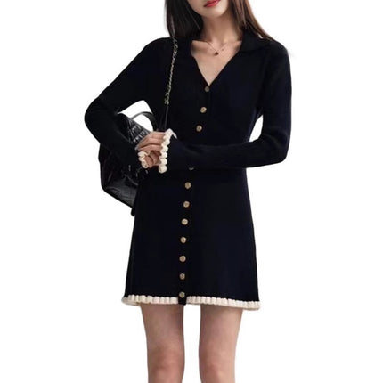 French-Style Autumn and Winter New V-Neck Long-Sleeve Knit Dress, Can Be Worn as an Inner Layer or Outerwear, Little Black Dress, Slim-Fitting Sweater Dress