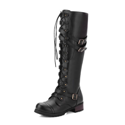 European and American Foreign Trade Leather Boots Round Head Belt Buckle Flat Boots Women's Autumn and Winter New Rivet Lace-up High Knights Boots