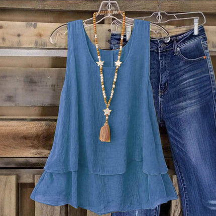 European and American Cross-Border 2025 Amazon Temu Foreign Trade Summer New Solid Color Sleeveless U-Neck Fake Two-Layer T-Shirt Women's Clothing
