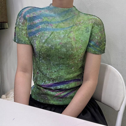 Issey Miyake Summer New Fashion Elegant Pleated Top Digital Printing Easy Care Versatile Pleated Mini Top
