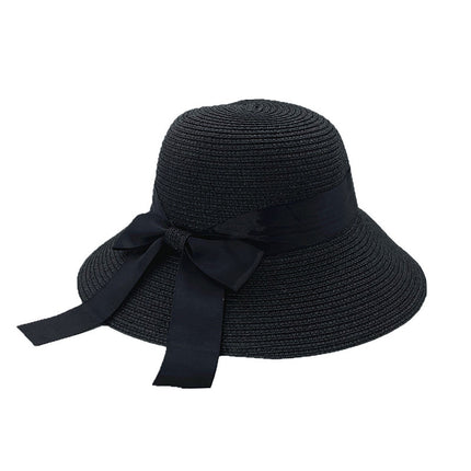 Paper woven straw basin hat bow sun protection straw hat windproof sun hat travel straw hat face slimming lady hat