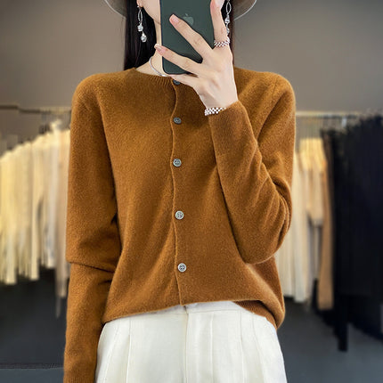 Factory wholesale autumn and winter new 100% wool round neck knitted cardigan women slim fit knitted coat sweater Joker