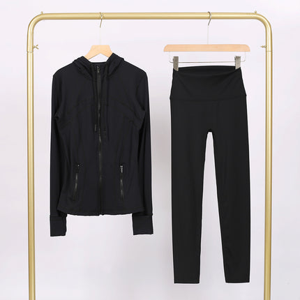 Lulu Df Stamped Hooded Jacket and Cropped Pants Set, Tight-Fitting Stretch Jacket with Gold Zipper, Fitness Yoga Outfit
