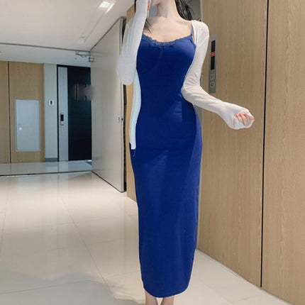 South Korea Dongdaemun Tight Sexy Padded Chest Backless Figure Low-cut Lace Long Split Sling Dress for Women
