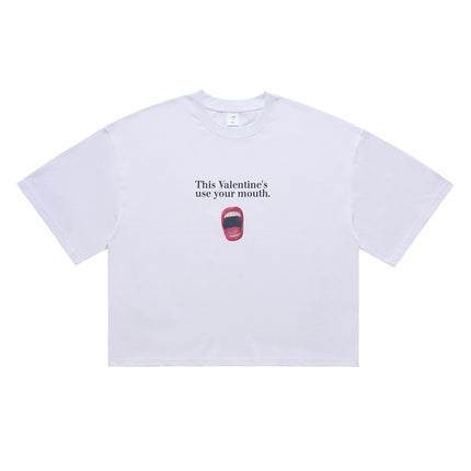 LawFoo American-style Retro Red Lip Simple Printed Short-sleeved T-shirt Men's and Women's Trendy Brand Loose Casual Shoulder Short Top