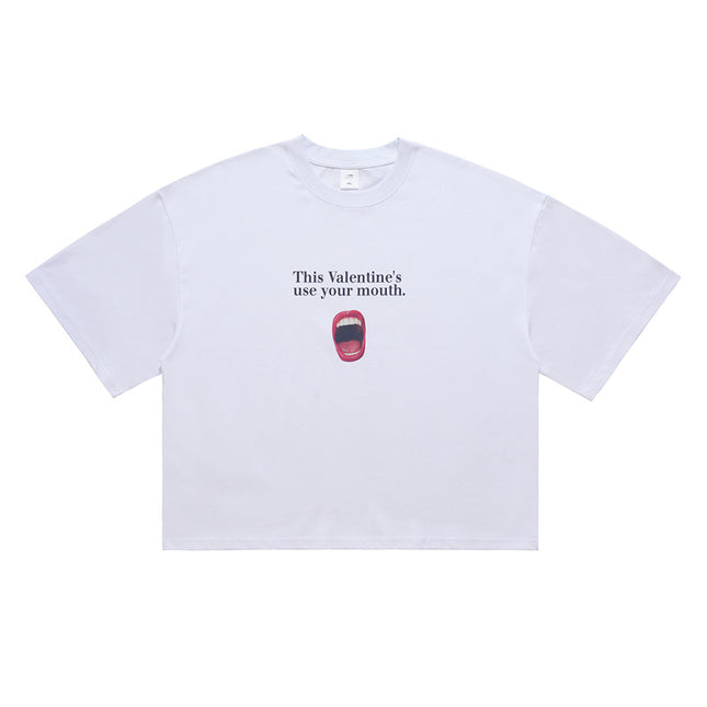 LawFoo American-style Retro Red Lip Simple Printed Short-sleeved T-shirt Men's and Women's Trendy Brand Loose Casual Shoulder Short Top